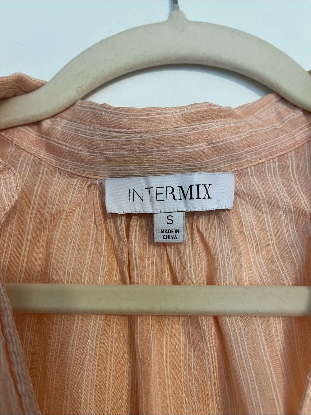 INTERMIX Silk-Blend Peach-Striped Puff Sleeve V-Neck Blouse - Picture 3 of 8